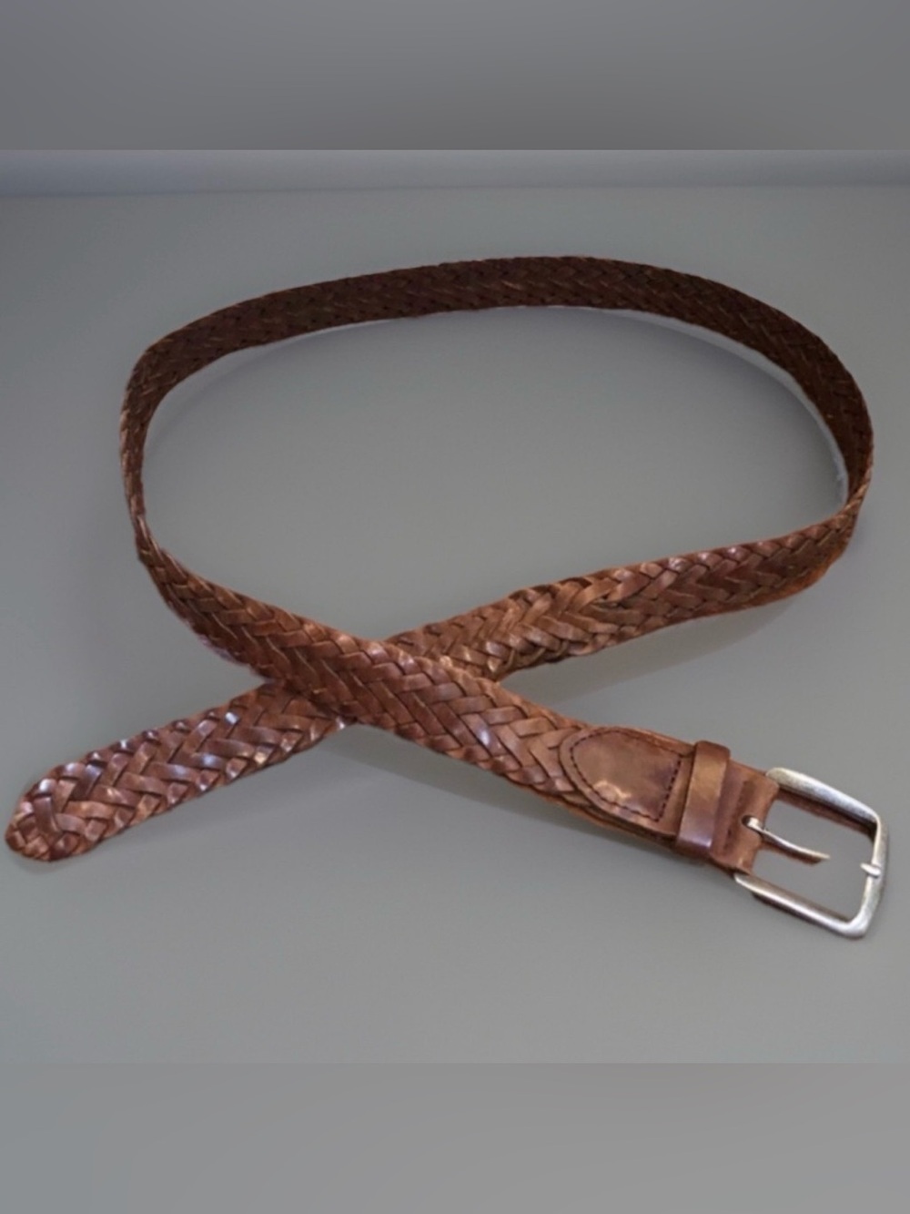 Vintage Bohemian WOVEN Unisex Distressed Brown Leather Belt sz L / XL